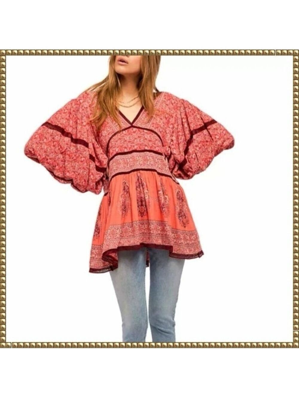 Free People Red Luna Tunic Top Scarf Print Medium